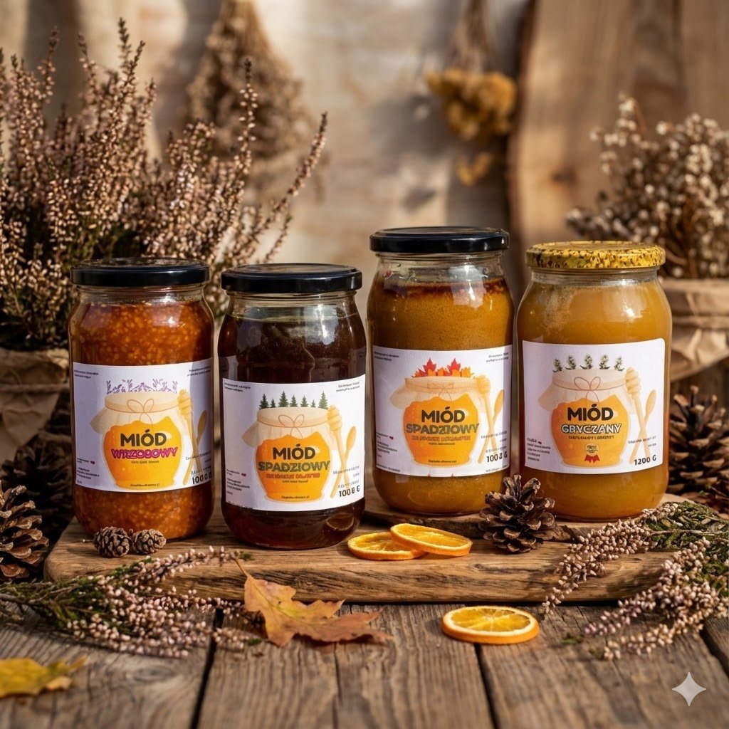 Zestaw Miodów "Koneser Smaku" – 4 Miody (Wrzos, Spadź Iglasta, Spadź Liściasta, Gryka) - Pasieka Obarscy