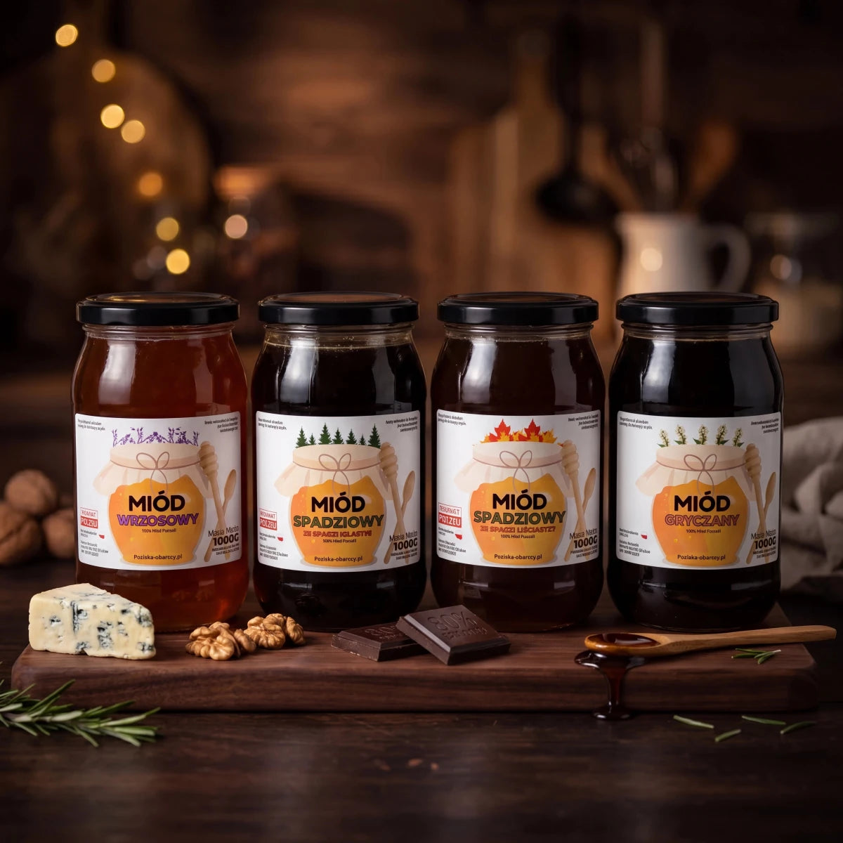 Zestaw Miodów "Koneser Smaku" – 4x 1kg (Wrzos, Spadź Iglasta, Spadź Liściasta, Gryka) - Pasieka Obarscy