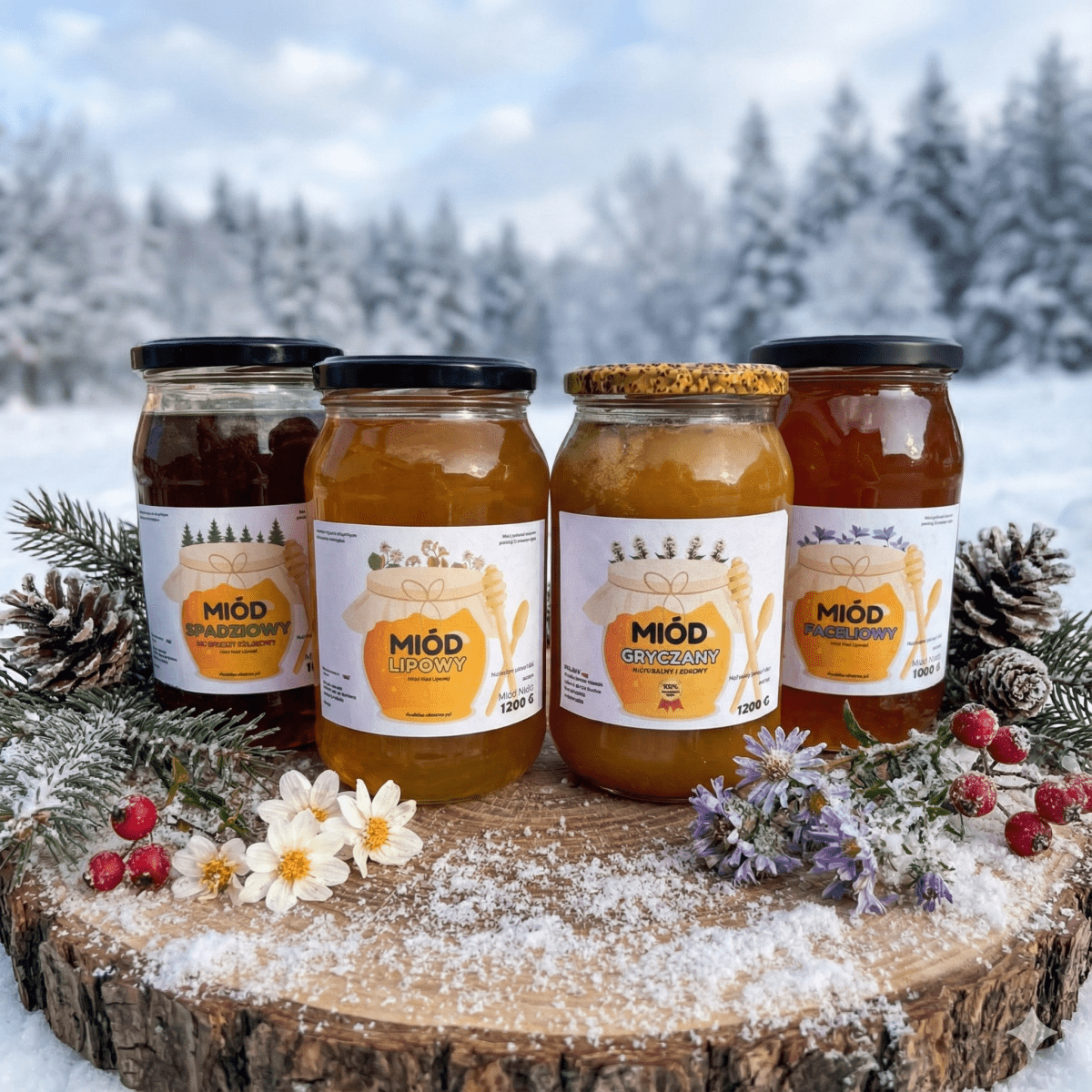 Zestaw Miodów "Zimowa Tarcza" – 4 Miody (Spadź, Lipa, Gryka, Facelia) - Pasieka Obarscy