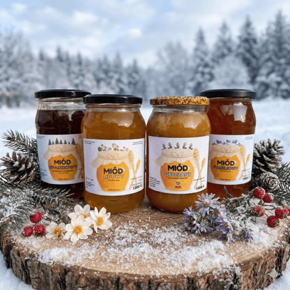 Zestaw Miodów "Zimowa Tarcza" – 4 Miody (Spadź, Lipa, Gryka, Facelia) - Pasieka Obarscy