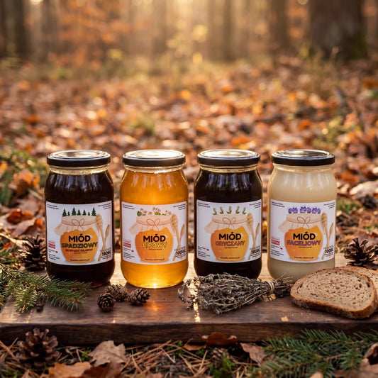 Zestaw Miodów "Zimowa Tarcza" – 4x 1kg (Spadź igl, Lipa, Gryka, Facelia) - Pasieka Obarscy
