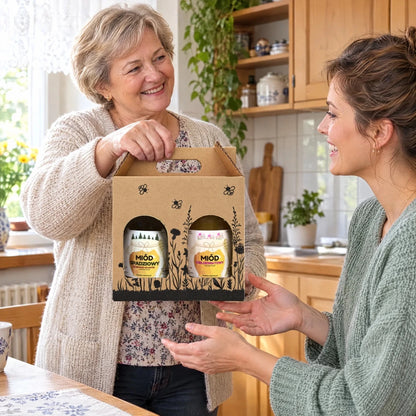 Zestaw prezentowy: Miód Spadziowy Iglasty i Wielokwiatowy 1 kg w pudełku - Pasieka Obarscy